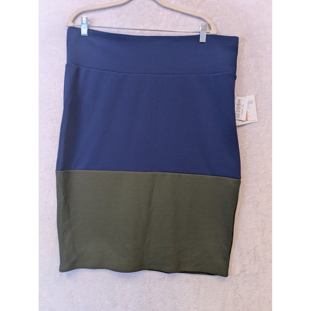 LuLaRoe Cassie Pencil Skirt 2XL Blue Olive Green Colorblock‎ Textured Knit NWT